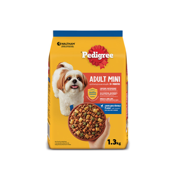 A pack of Pedigree adult mini dry dog food in chicken liver and vegetable flavor.