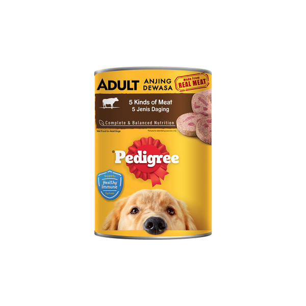 A can of Pedigree wet dog food in 5 kinds of meat flavor.