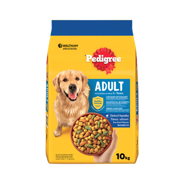 A 10kg pack of Pedigree dry dog food for adult dogs in Chicken and Vegetables flavor.