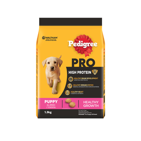 A 1.3kg bag of Pedigree High Protein dog food for puppies.